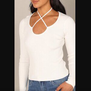 Petal & Pup Paelia White Ribbed Knit Tie Neck Top 8
